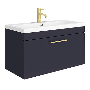 Arezzo Wall Hung Vanity Unit - Matt Blue - 800mm with Brushed Brass Handle  Profile Large Image