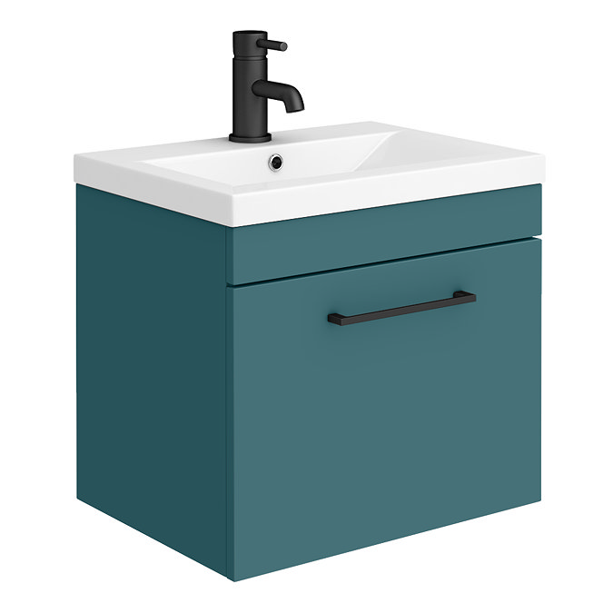 Arezzo Wall Hung Vanity Unit - Matt Green - 500mm 1-Drawer with Matt Black Handle Large Image