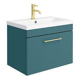 Arezzo Wall Hung Vanity Unit - Matt Green - 600mm 1-Drawer with Brushed Brass Handle Large Image