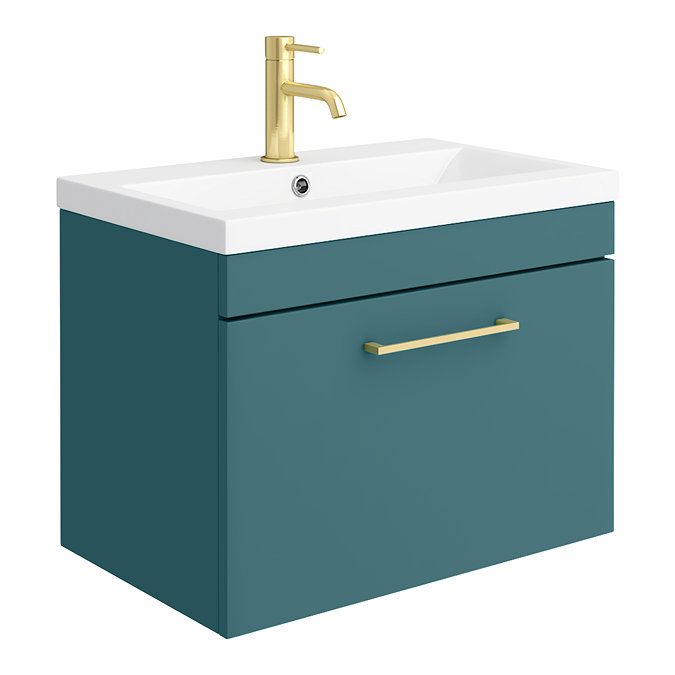 Arezzo Wall Hung Vanity Unit - Matt Green - 600mm 1-Drawer with Brushed Brass Handle Large Image