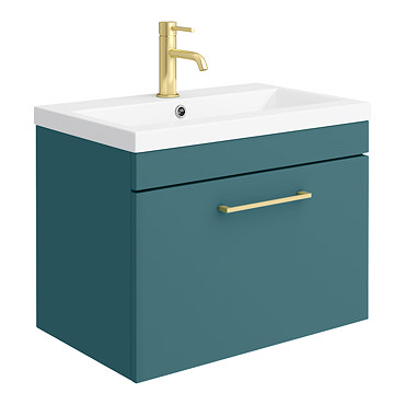 Arezzo Wall Hung Vanity Unit - Matt Green - 600mm 1-Drawer with Brushed Brass Handle  Profile Large 