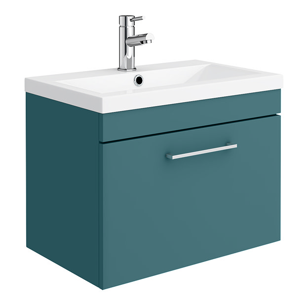 Arezzo Wall Hung Vanity Unit - Matt Green - 600mm 1-Drawer with Chrome Handle Large Image