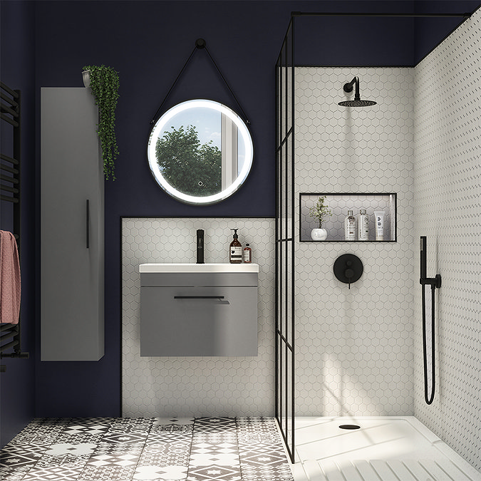 Arezzo Wall Hung Vanity Unit - Matt Grey - 500mm with Industrial Style Black Handle  Standard Large 