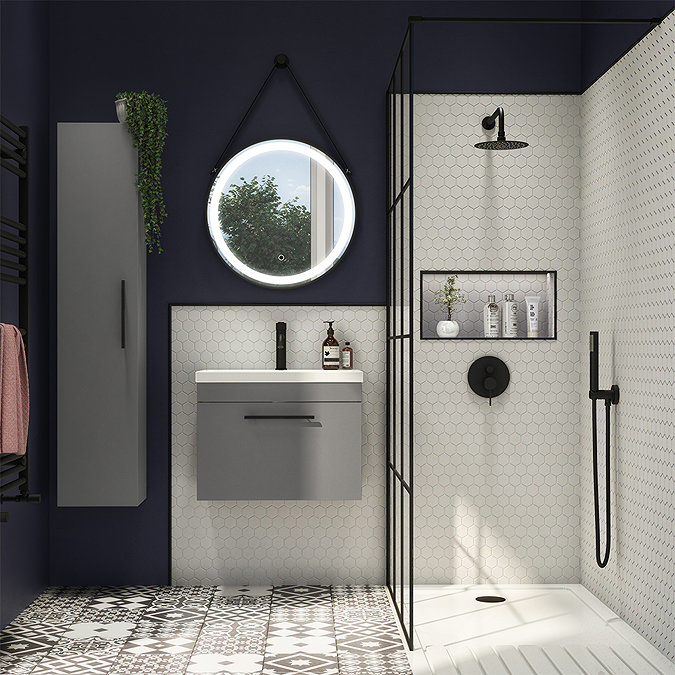 Arezzo Wall Hung Vanity Unit - Matt Grey - 500mm with Industrial Style Black Handle Standard Large