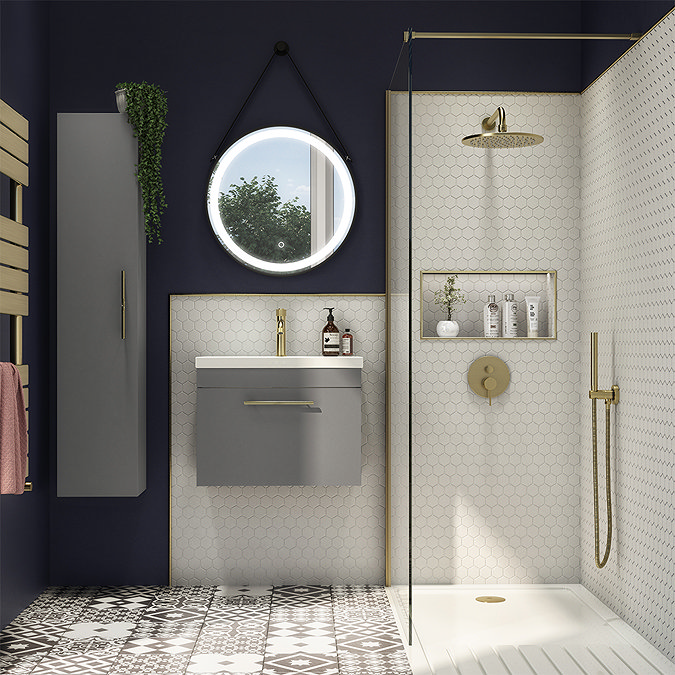 Arezzo Wall Hung Vanity Unit - Matt Grey - 500mm with Industrial Style Brushed Brass Handle Standard Large Image