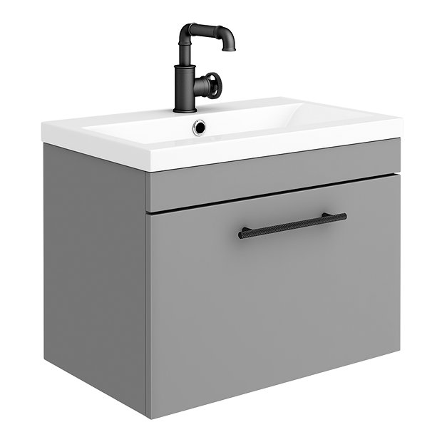 Arezzo Wall Hung Vanity Unit - Matt Grey - 600mm with Industrial Style Black Handle Large Image