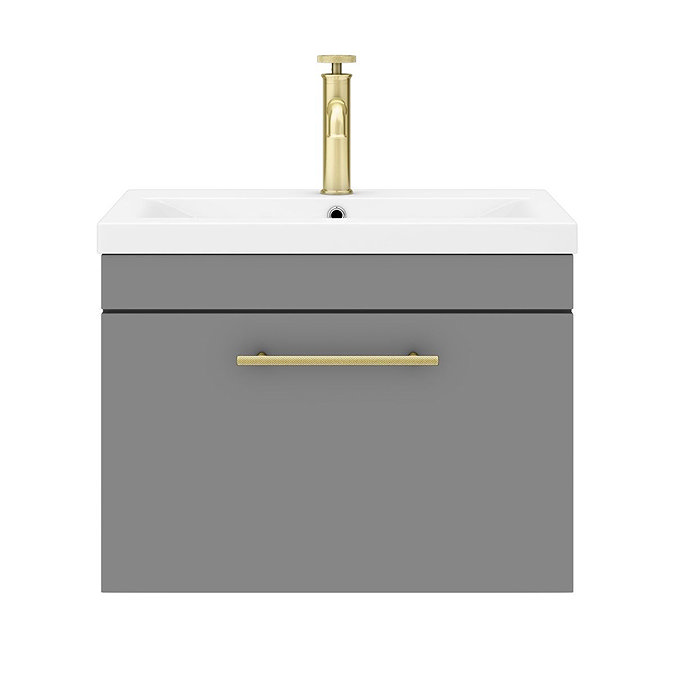 Arezzo Wall Hung Vanity Unit - Matt Grey - 600mm with Industrial Style Brushed Brass Handle  In Bathroom Large Image