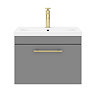 Arezzo Wall Hung Vanity Unit - Matt Grey - 600mm with Industrial Style Brushed Brass Handle  In Bathroom Large Image