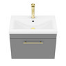 Arezzo Wall Hung Vanity Unit - Matt Grey - 600mm with Industrial Style Brushed Brass Handle  additional Large Image