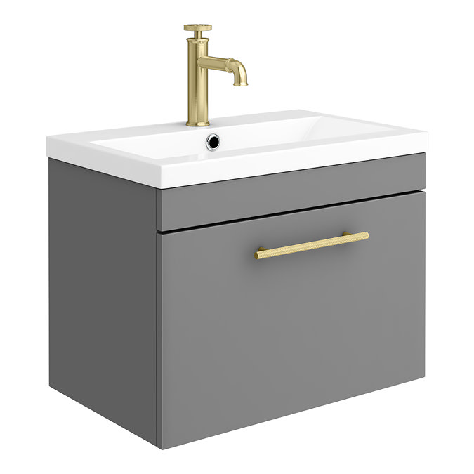Arezzo Wall Hung Vanity Unit - Matt Grey - 600mm with Industrial Style Brushed Brass Handle Large Im
