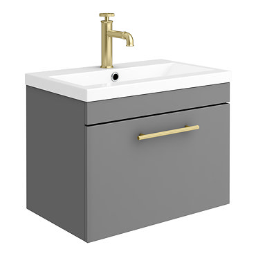 Arezzo Wall Hung Vanity Unit - Matt Grey - 600mm with Industrial Style Brushed Brass Handle  Profile