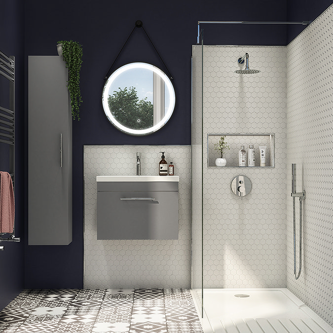 Arezzo Wall Hung Vanity Unit - Matt Grey - 600mm with Industrial Style Chrome Handle  Standard Large