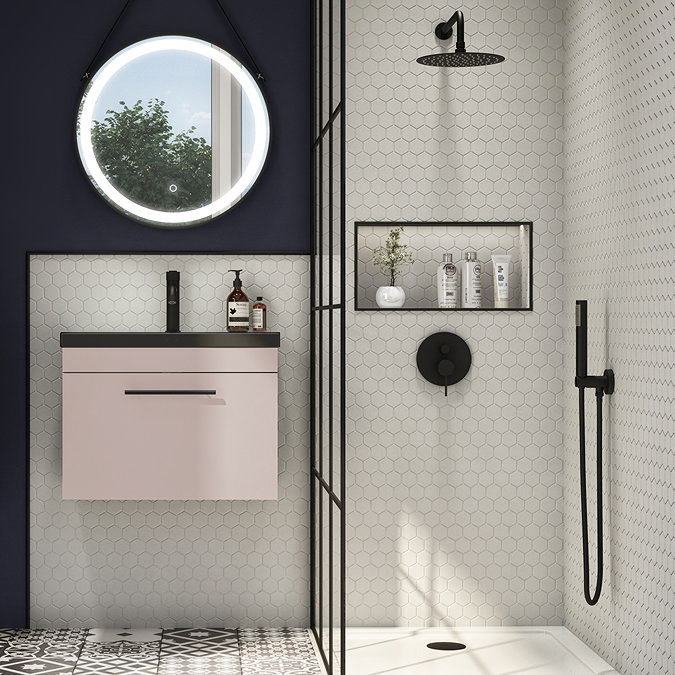 Arezzo Wall Hung Vanity Unit - Matt Pink - 600mm Black Basin with Industrial Style Handle  In Bathro