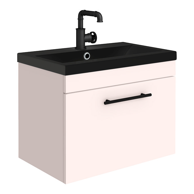 Arezzo Wall Hung Vanity Unit - Matt Pink - 600mm Black Basin with Industrial Style Handle Large Imag