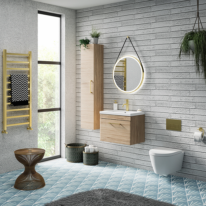 Arezzo Wall Hung Vanity Unit - Rustic Oak - 500mm with Brushed Brass Handle  In Bathroom Large Image