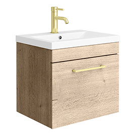 Arezzo Wall Hung Vanity Unit - Rustic Oak - 500mm with Brushed Brass Handle Medium Image