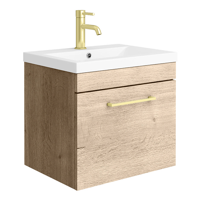 Arezzo Wall Hung Vanity Unit - Rustic Oak - 500mm with Brushed Brass Handle Large Image