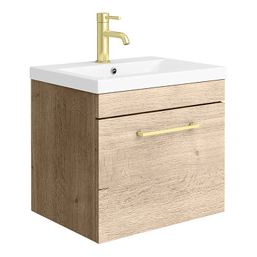 Arezzo Wall Hung Vanity Unit - Rustic Oak - 500mm with Brushed Brass Handle  Profile Large Image