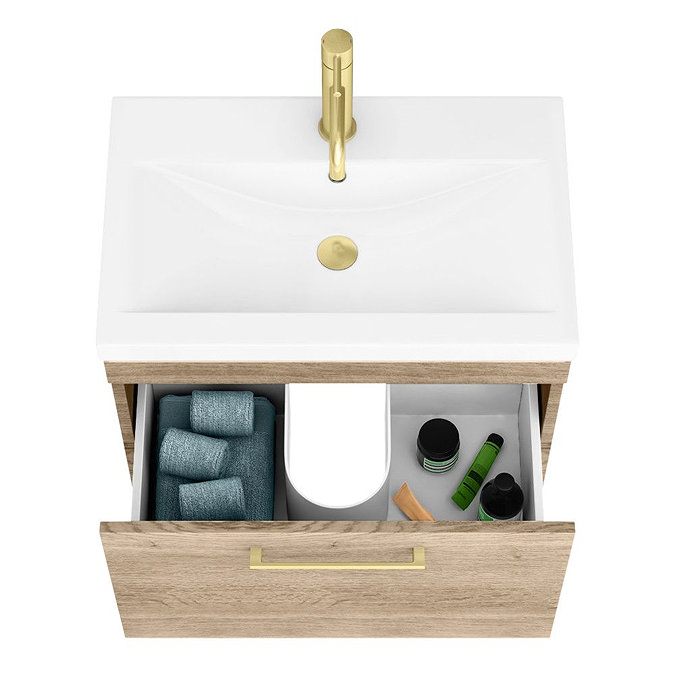Arezzo Wall Hung Vanity Unit - Rustic Oak - 600mm with Brushed Brass Handle  Standard Large Image