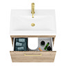 Arezzo Wall Hung Vanity Unit - Rustic Oak - 600mm with Brushed Brass Handle  Standard Large Image