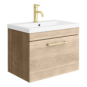 Arezzo Wall Hung Vanity Unit - Rustic Oak - 600mm with Brushed Brass Handle Large Image
