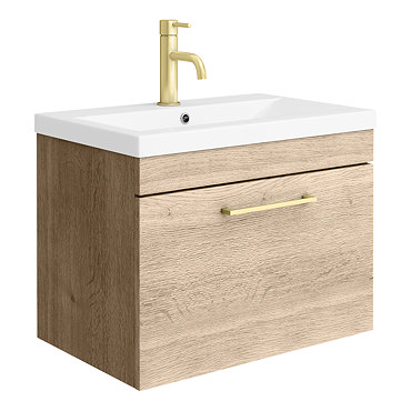Arezzo Wall Hung Vanity Unit - Rustic Oak - 600mm with Brushed Brass Handle  Feature Large Image