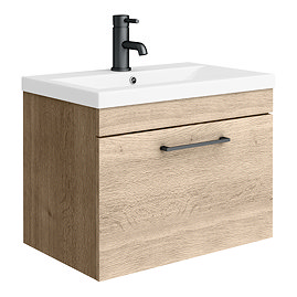 Arezzo Wall Hung Vanity Unit - Rustic Oak - 600mm with Matt Black Handle Large Image