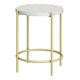 Arezzo White Terrazzo Round Bathroom Side Bath Table with Brushed Brass Frame