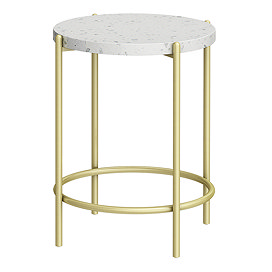 Arezzo White Terrazzo Round Bathroom Side Bath Table with Brushed Brass Frame
