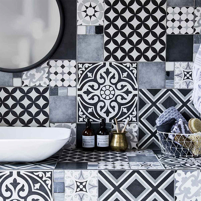 Aspect Black & Ivory Patterned Wall and Floor Tiles - 331 x 331mm  Standard Large Image