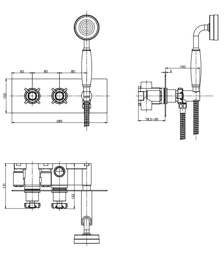 Astoria Traditional Concealed Thermostatic 2-Way Shower Valve with Handset