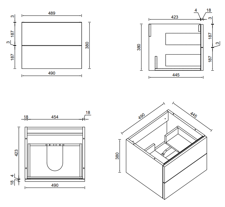 Atlas 500mm 2-Drawer Wall Hung Countertop Vanity Unit - Matt Black