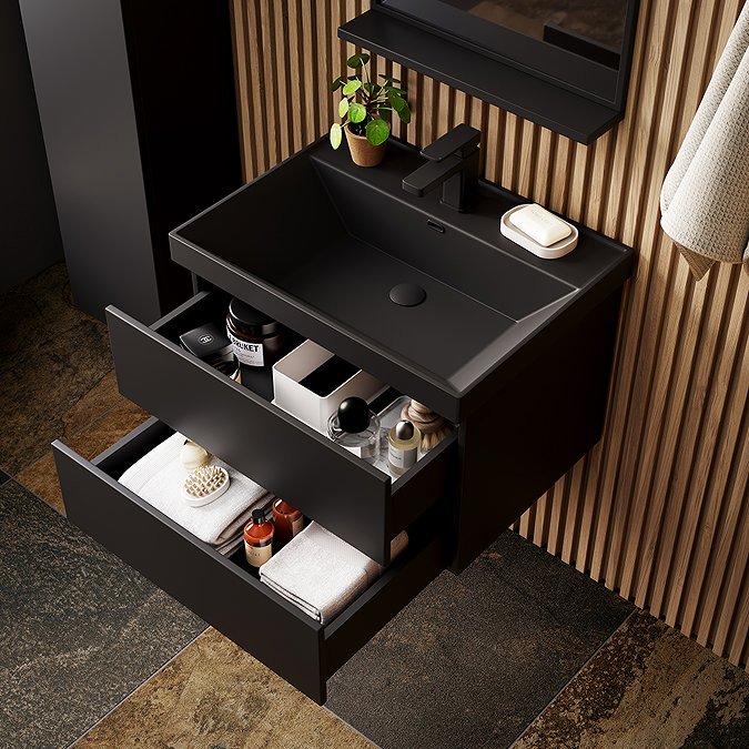Atlas 500mm Matt Black 2-Drawer Wall Hung Vanity Unit with Matt Black Basin