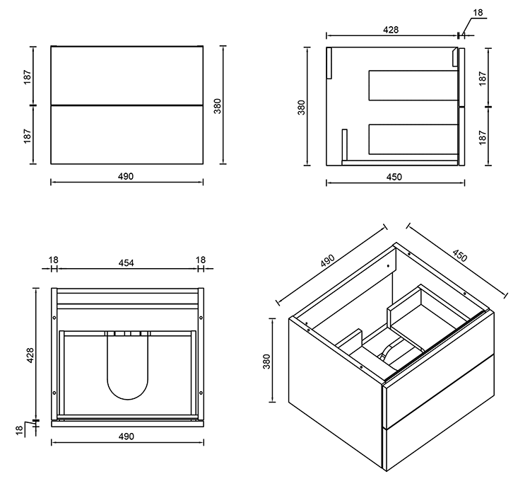 Atlas 500mm Matt Black 2-Drawer Wall Hung Vanity Unit with Matt Black Basin