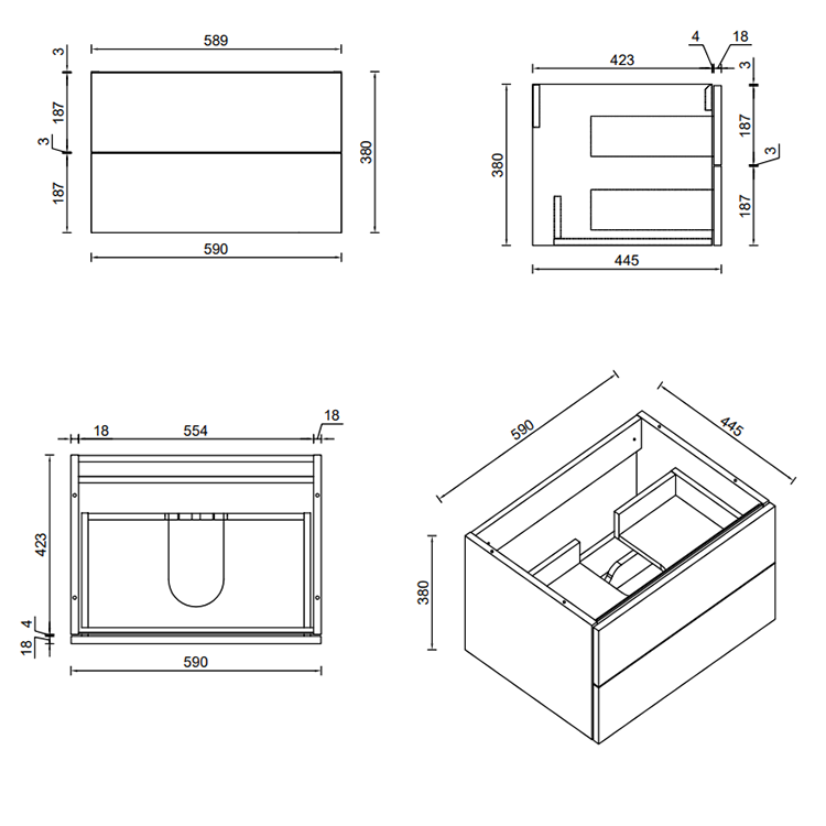 Atlas 600mm 2 Drawer Wall Hung Countertop Vanity Unit - Matt Black and Oak