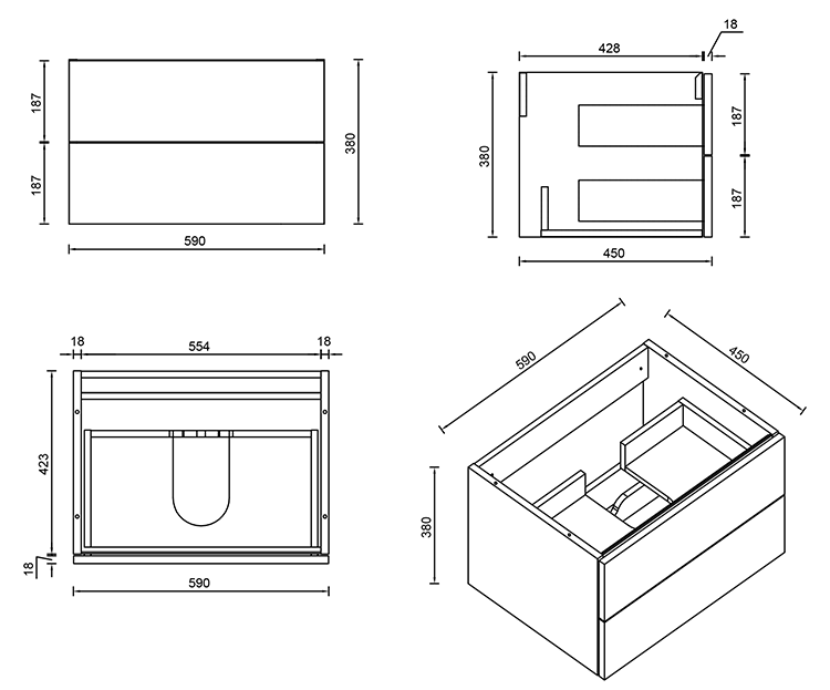 Atlas 600mm Matt Black 2-Drawer Wall Hung Vanity Unit with Gloss White Basin