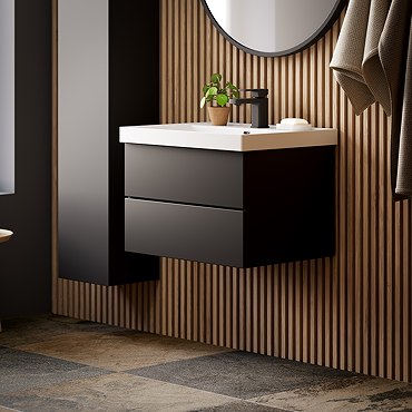 Atlas 600mm Matt Black 2-Drawer Wall Hung Vanity Unit with Gloss White Basin