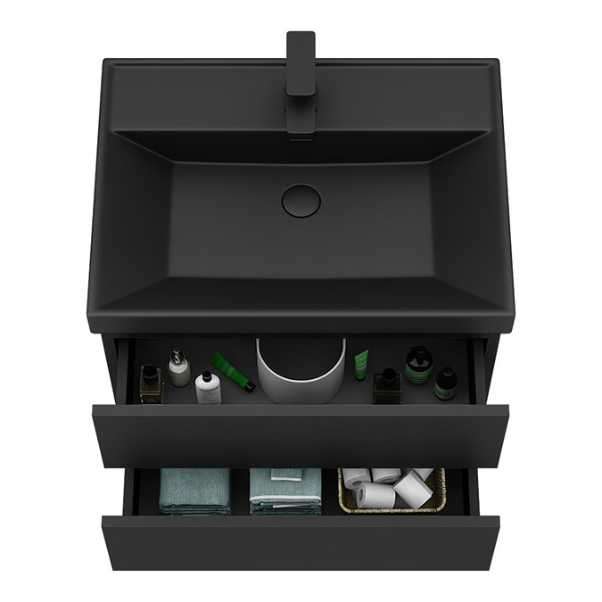 Atlas 600mm Matt Black 2-Drawer Wall Hung Vanity Unit with Matt Black Basin