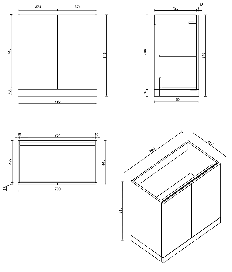 Atlas 800mm 2 Door Floor Standing Countertop Vanity Unit - Matt Black and Oak