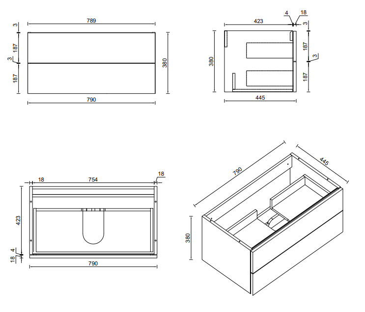 Atlas 800mm 2 Drawer Wall Hung Countertop Vanity Unit - Matt Black and Oak