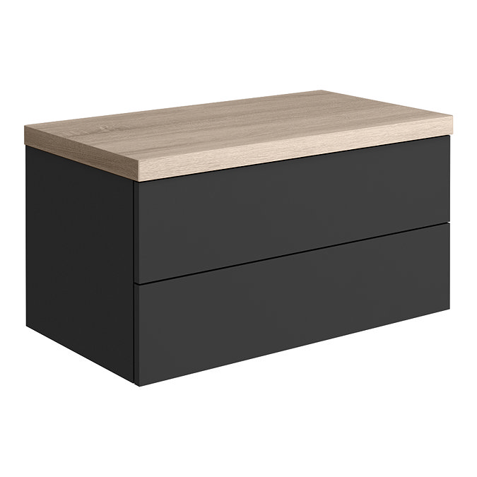 Atlas 800mm 2 Drawer Wall Hung Countertop Vanity Unit - Matt Black and Oak