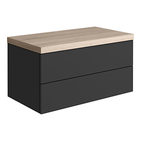 Atlas 800mm 2 Drawer Wall Hung Countertop Vanity Unit - Matt Black and Oak