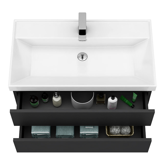 Atlas 800mm Matt Black 2-Drawer Wall Hung Vanity Unit with Gloss White Basin