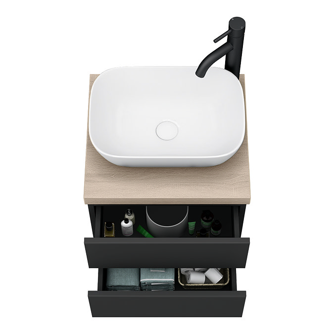 Atlas Matt Black and Oak Countertop Basin Unit - 500mm 2 Drawer with Gloss White Basin