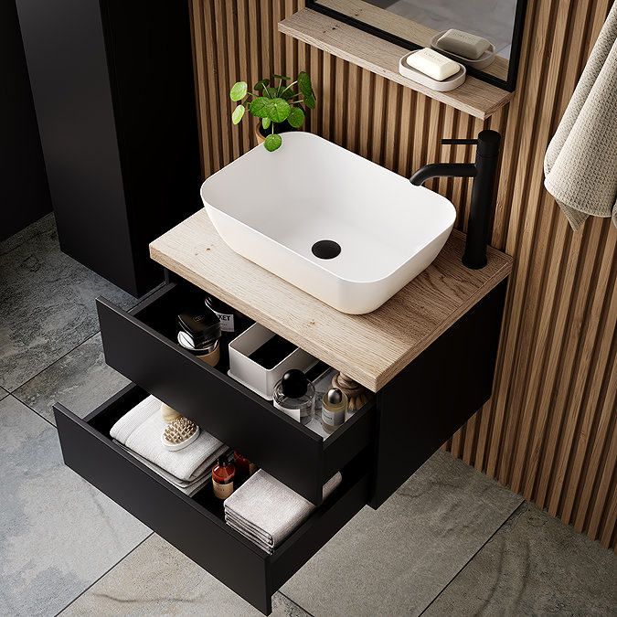 Atlas Matt Black and Oak Countertop Basin Unit - 500mm 2 Drawer with Gloss White Basin