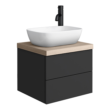 Atlas Matt Black and Oak Countertop Basin Unit - 500mm 2 Drawer with Gloss White Basin