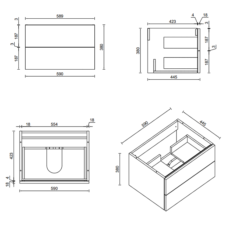 Atlas Matt Black and Oak Countertop Basin Unit - 600mm 2 Drawer with Gloss White Basin