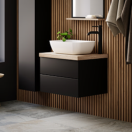 Atlas Matt Black and Oak Countertop Basin Unit - 600mm 2 Drawer with Gloss White Basin