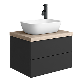 Atlas Matt Black and Oak Countertop Basin Unit - 500mm 2 Drawer with Gloss White Basin