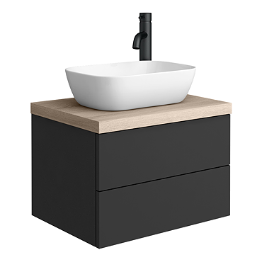 Atlas Matt Black and Oak Countertop Basin Unit - 600mm 2 Drawer with Gloss White Basin